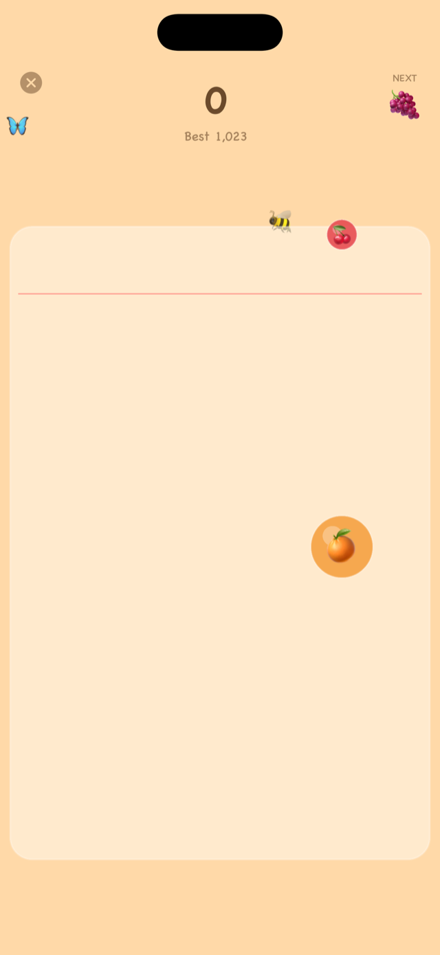 DropPop gameplay with fruit pieces mid-merge in the jar