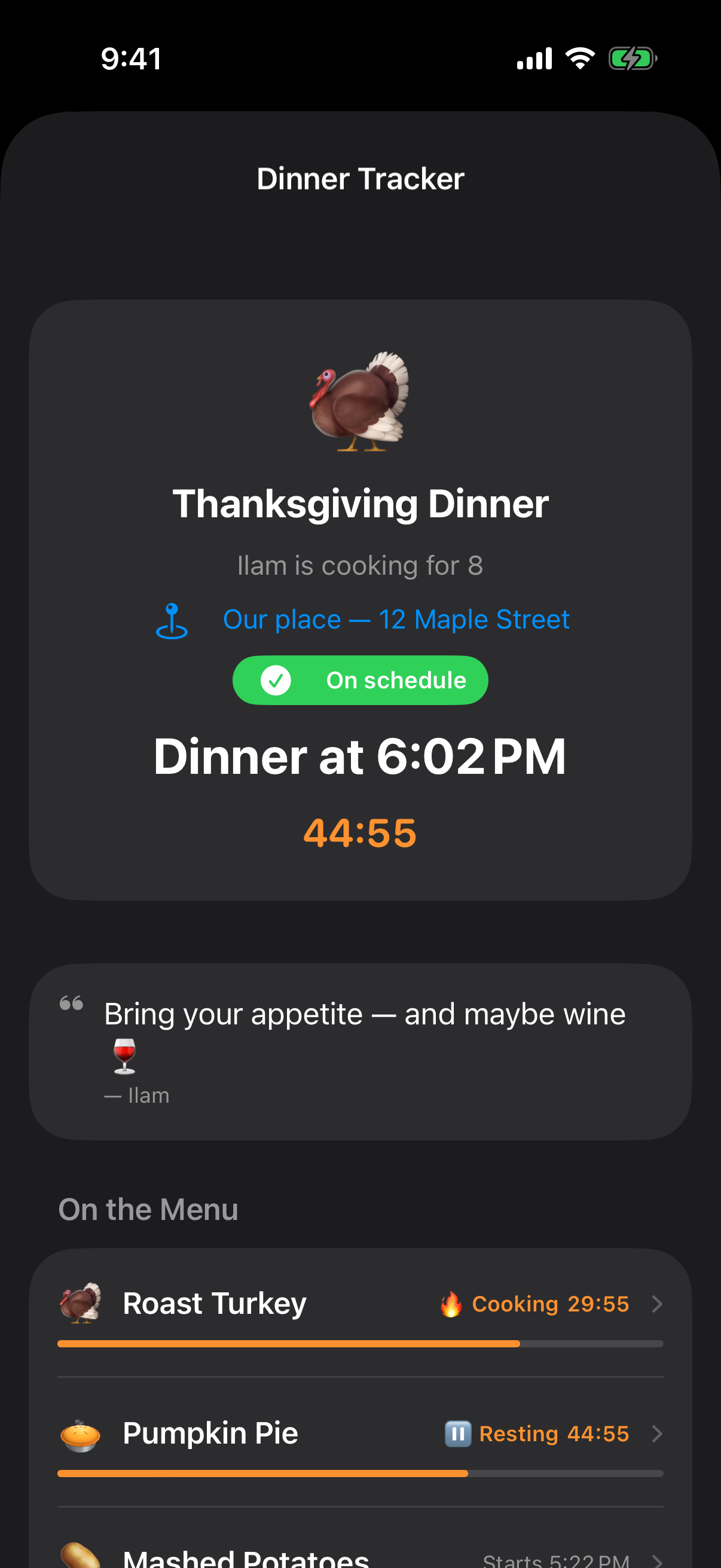 The live Dinner Tracker guests see