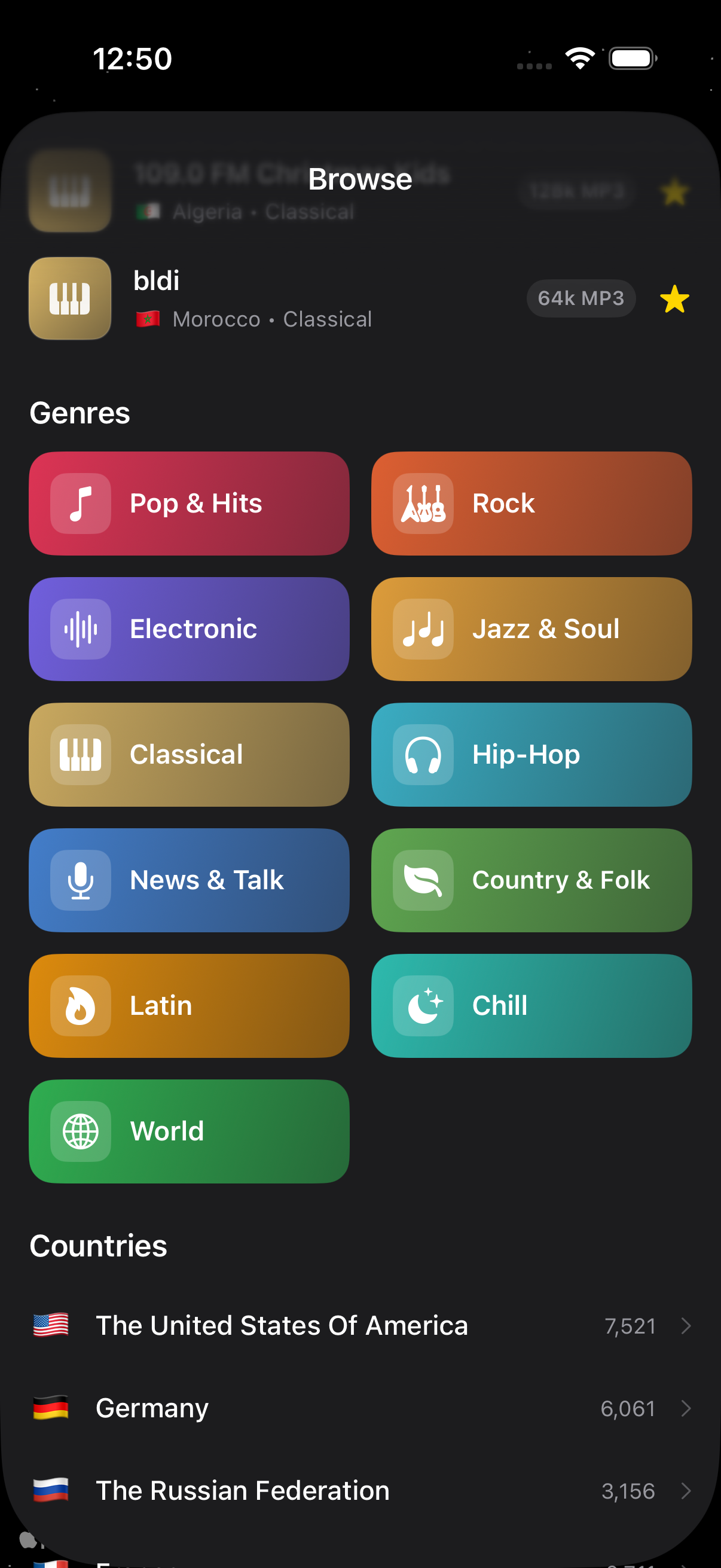 Browse screen with genre categories and a list of countries