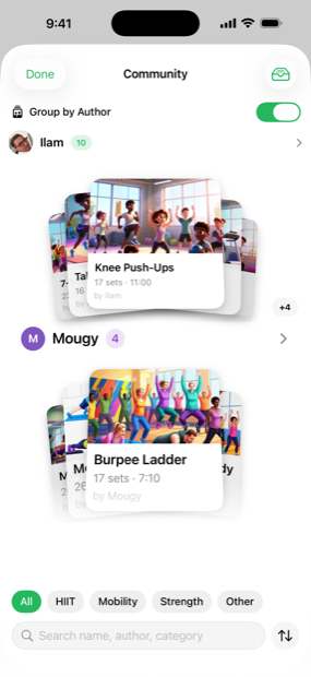 The community feed grouped by author